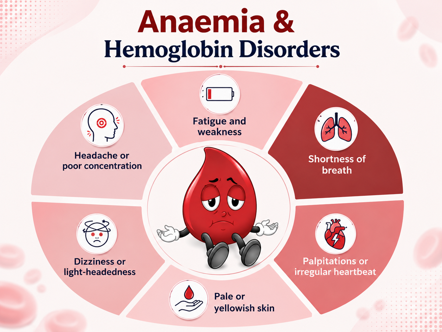 Infographic showing common symptoms of anaemia: fatigue and weakness, shortness of breath, palpitations, pale or yellowish skin, dizziness, and headache or poor concentration