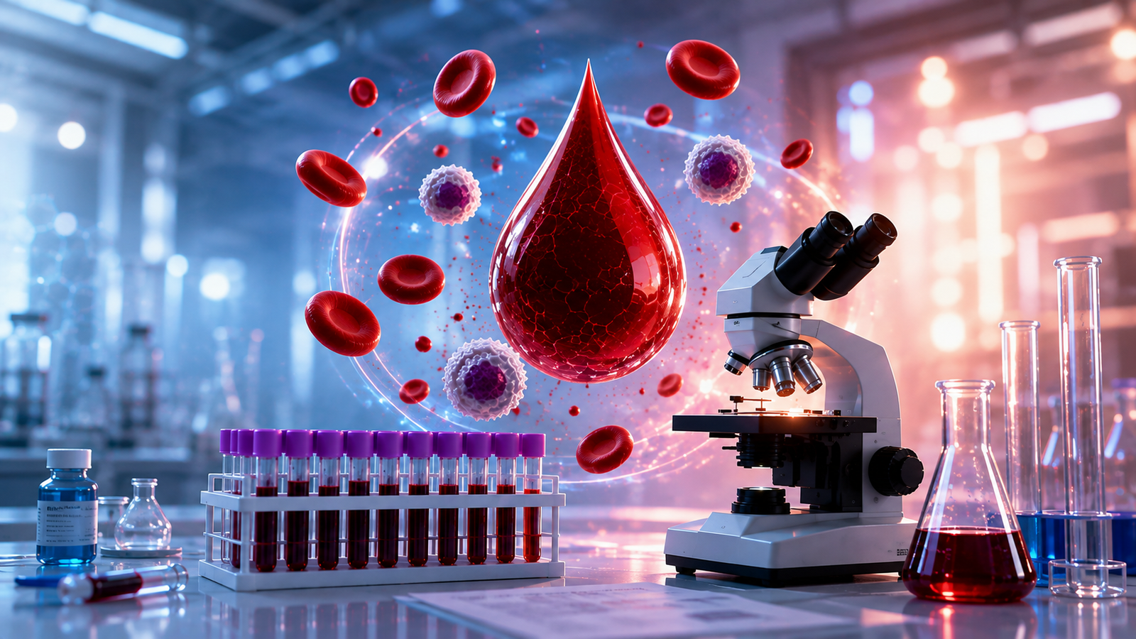 Illustration of red and white blood cells around a drop of blood, with test tubes and a microscope